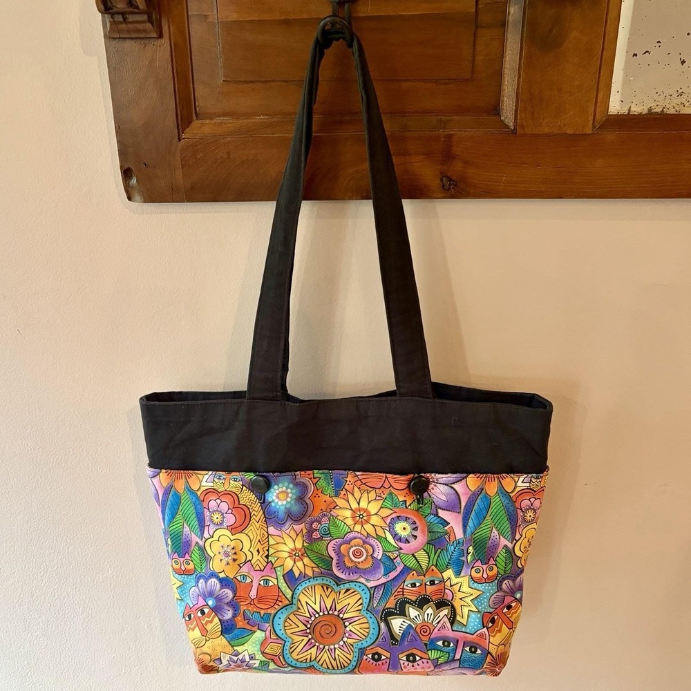 Handmade Laurel Burch Fabric Medium Cat Canvas Tote Bag Handbag 15.5" X 10"